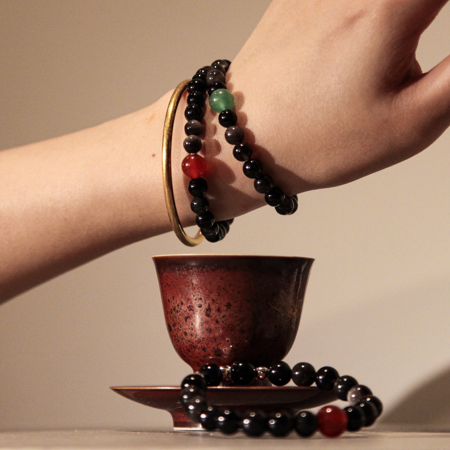 Shadow & Spark Bracelet Carnelian Silver Obsidian