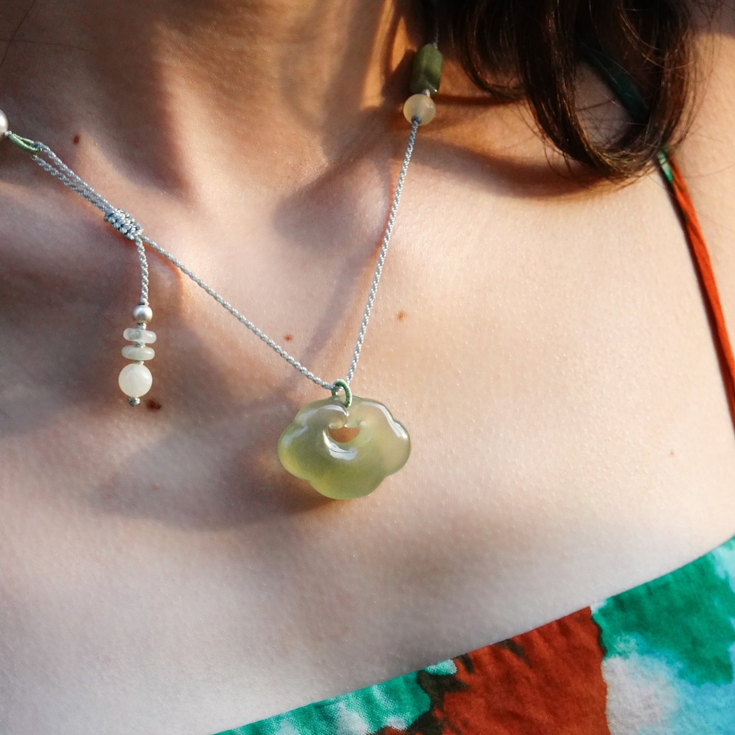 Yun | Braided Green Chalcedony Cloud Lock Necklace - Wood