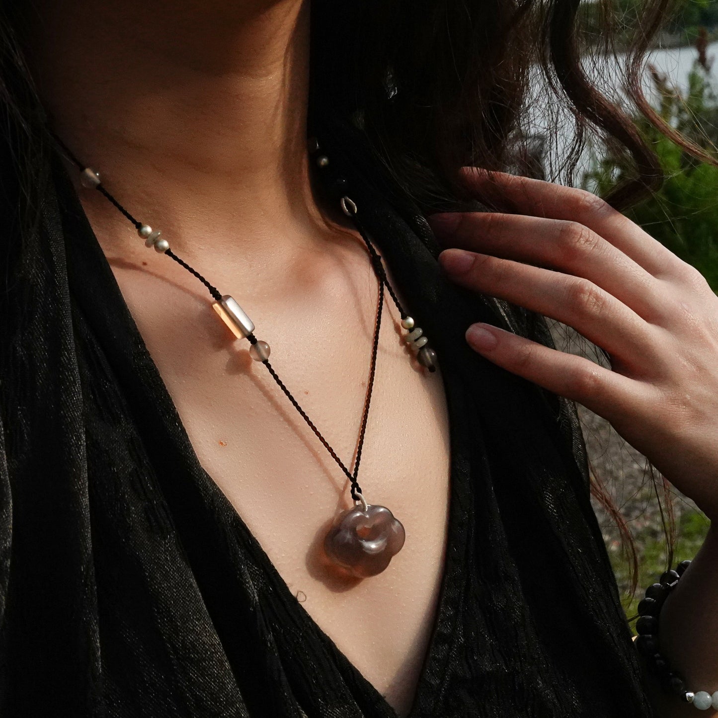 Yun | Braided Gray Chalcedony Cloud Lock Necklace - Water