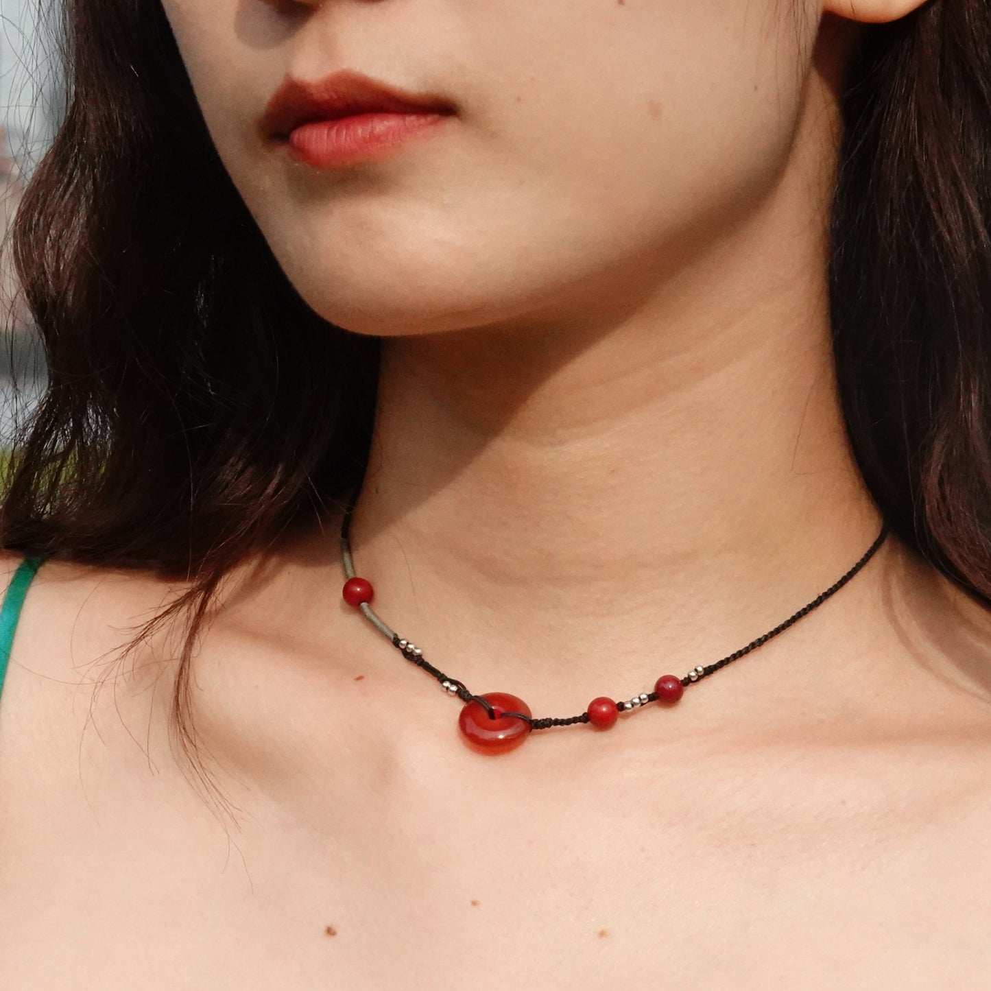 Ping An | Braided Red Carnelian Peace Buckle Necklace - Fire