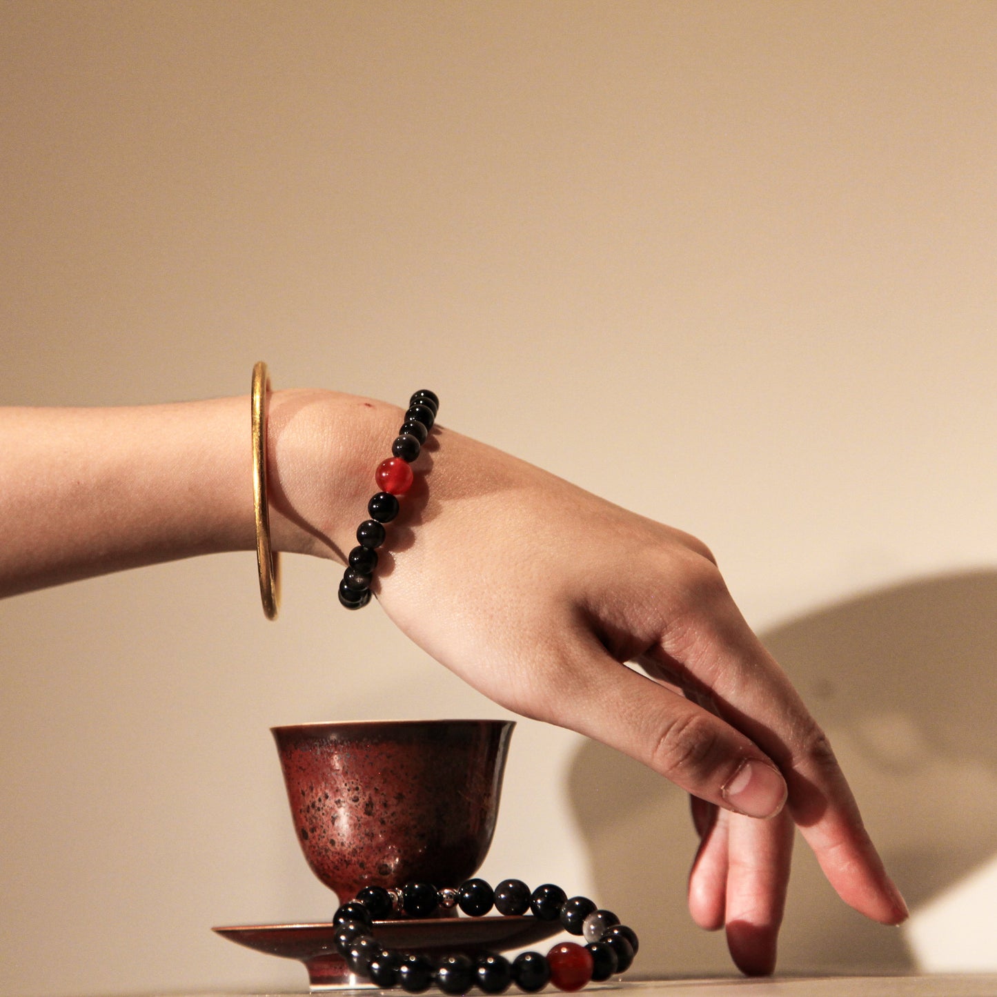 Shadow & Spark Bracelet Carnelian Silver Obsidian