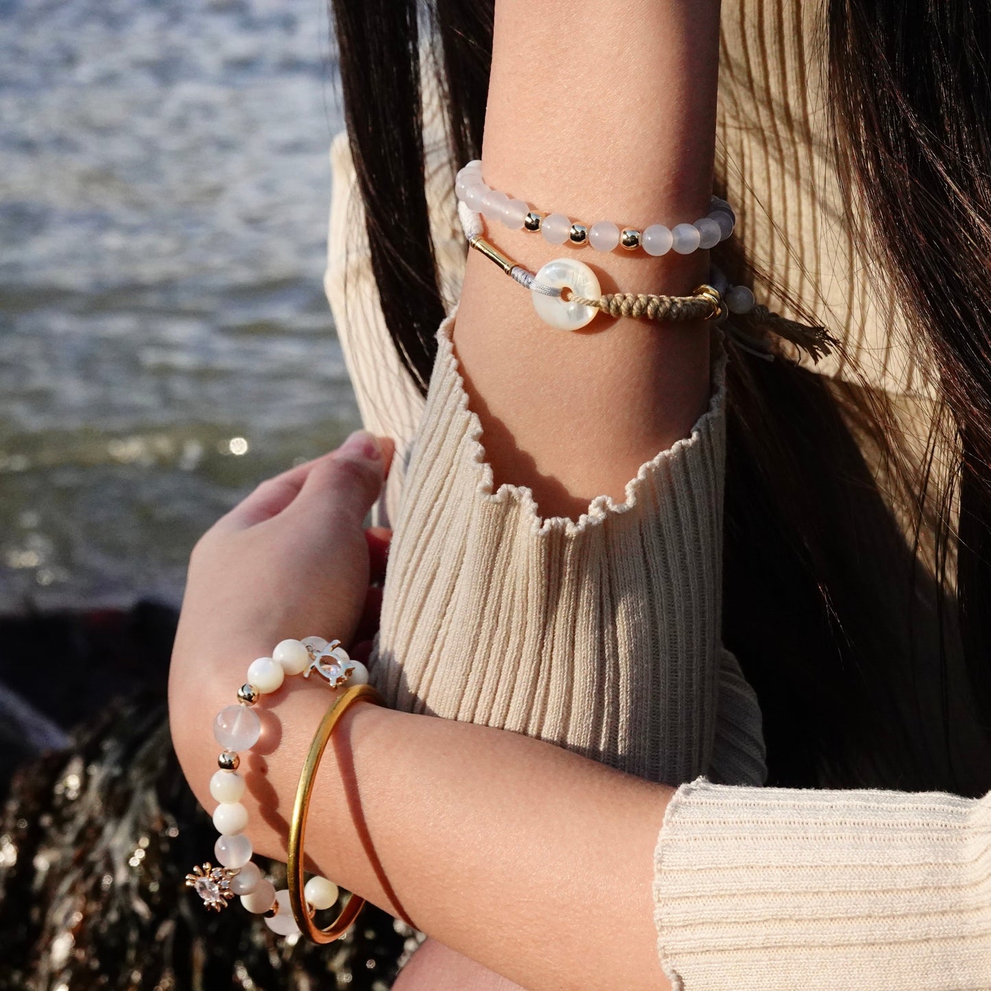 Ping An | Braided Mother of Pearl Peace Buckle Bracelet - Metal
