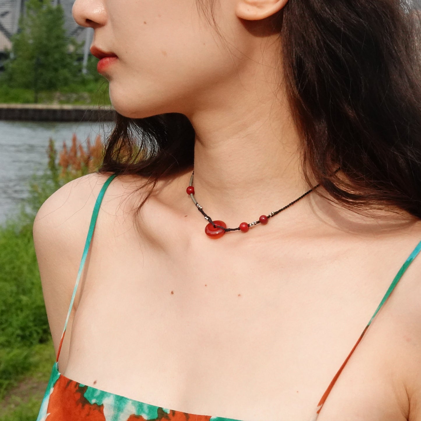 Ping An | Braided Red Carnelian Peace Buckle Necklace - Fire