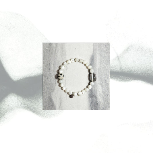 Snowy Peak Bracelet - Mother of Pearl Dalmatian Jasper Clear Quartz