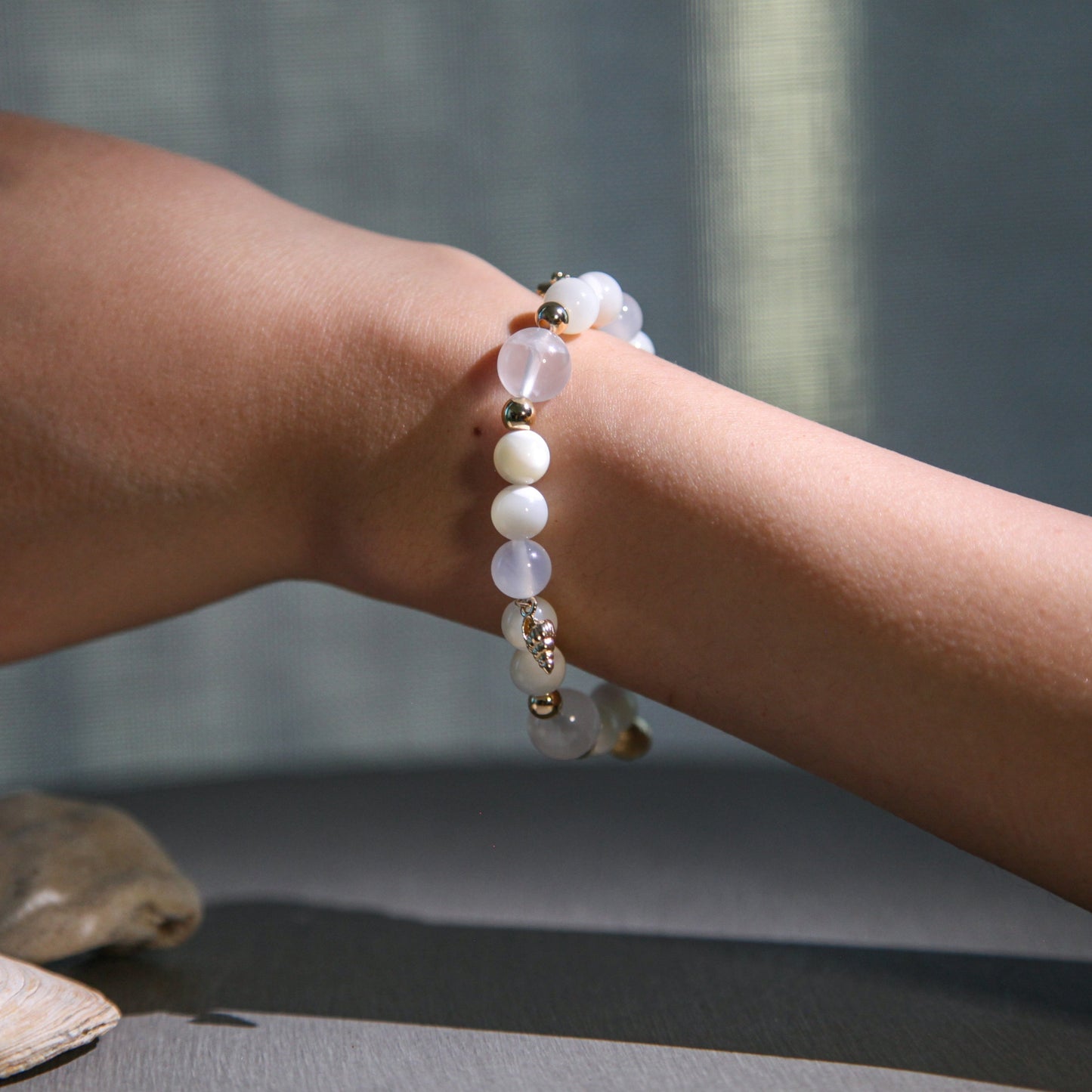 Beachwalk Bracelet Mother of Pearl White Jade Ghost Quartz